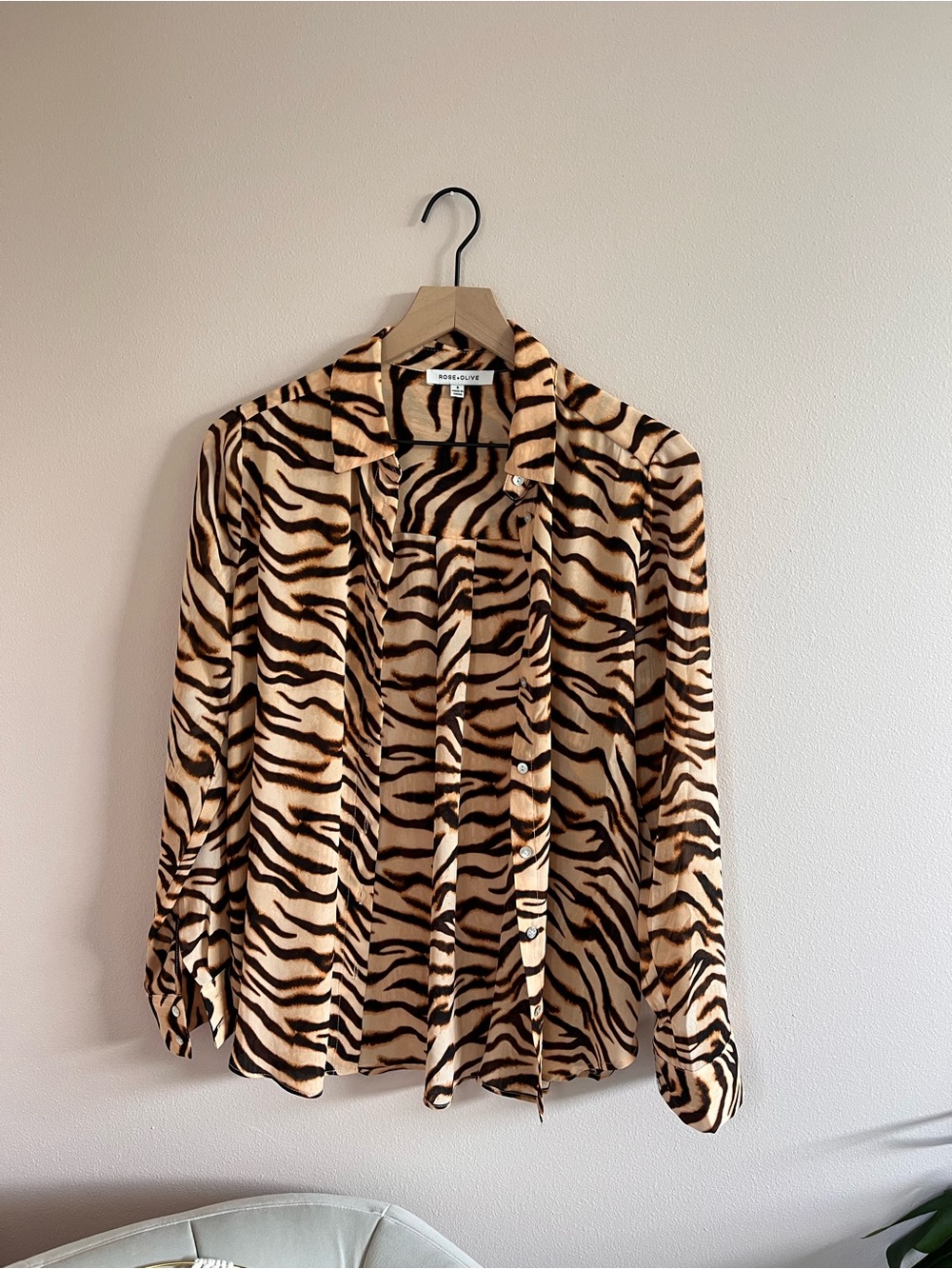 Rose & Olive Tiger-Stripe Button-Up Blouse - Beige & Black